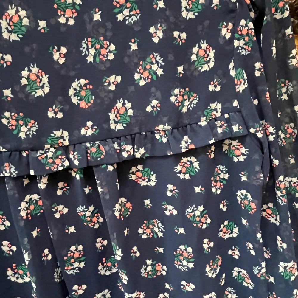 Boden Navy Blue Floral Ruffle High Neck Blouse W0289 Womens Size 6 Long Sleeve